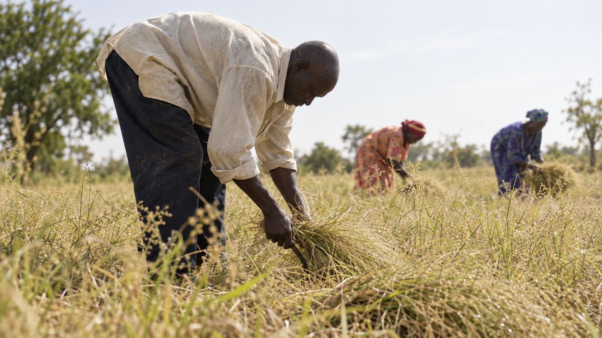 A farmer cutting fonio stalks by hand at harvest