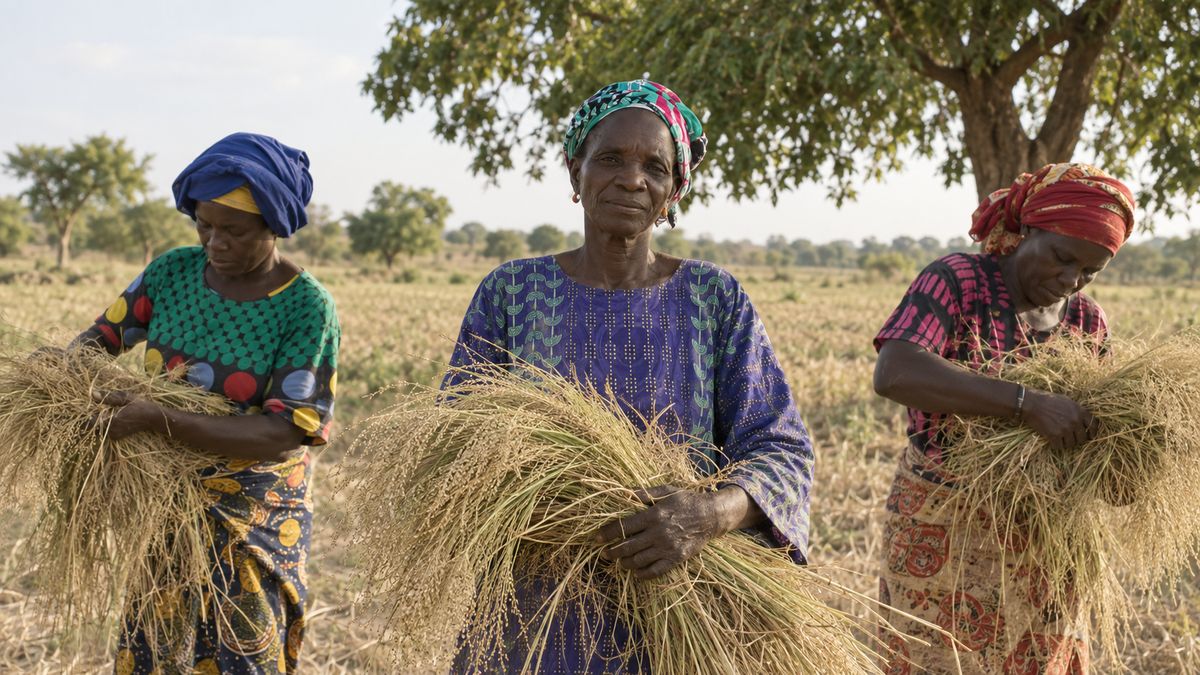 Women holding freshly cut bundles of fonio