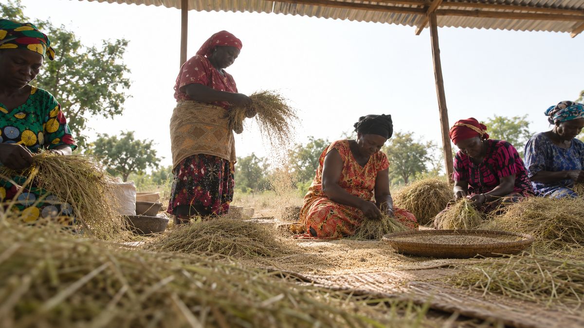 Women threshing and winnowing fonio under a shaded shelter